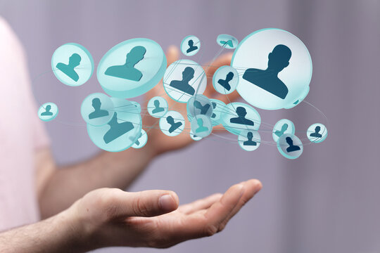 Abstract business network and communication concept with hand holding a modern social media illustration. Connecting peo