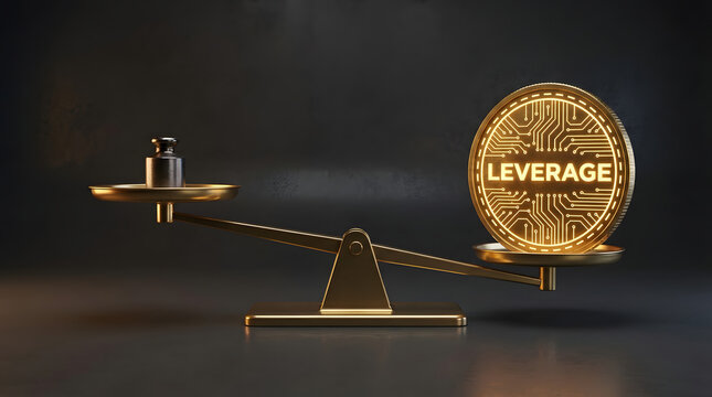 3D minimalist golden scale balancing risk and huge profit, financial leverage and margin concept