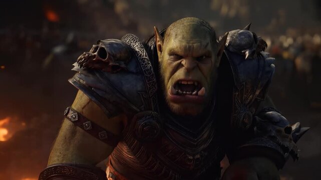 Fantasy orc warrior with aggressive expression in battle scene.