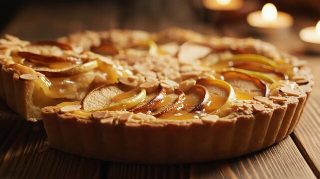 Delicious hot apple pie with caramel and almonds on a wooden table, close-up