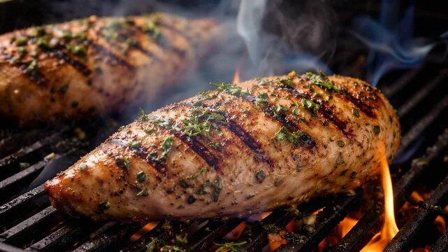 Seasoned chicken fillets cooking on a hot outdoor grill with visible fire flames and smoke. Close-up shot featuring fresh rosemary herbs and charred grill marks for culinary concepts.
