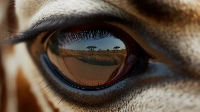 Wild Life Reflection. Serene Wild Setting With Giraffe Eye Reflecting Distant Acacia Trees And Golden Sunlight