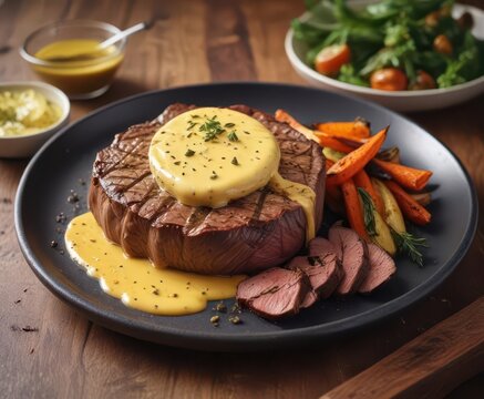 B?arnaise Sauce on steak with roasted vegetables, meat sauce, beurre baise sauce, roasted vegetables
