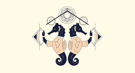 Mythical Seahorse Zodiac Symbol with Geometric Shapes and Celestial Elements © atha_lintar