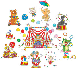 Colorful circus tent with flying holiday balloons surrounded by a clown and funny animals performers, a bear on a scooter, a snake, piglets, a little elephant, a seal, a crocodile, vector cartoons © Alexey Bannykh