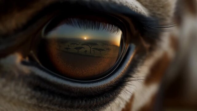 Giraffe Dusk Gaze. Detailed Scene Of Giraffe Staring At Sunset With Acacia Shadows Reflected In Glossy Iris