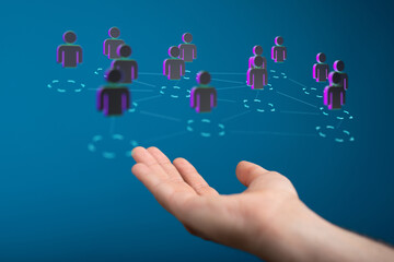 Abstract network of people with hand support and connections concept in business or technology,...