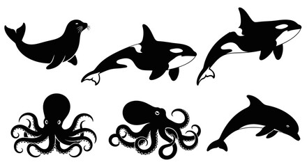 Fototapeta premium Black silhouettes of diverse marine animals including orcas, seal, dolphin, and octopuses on white