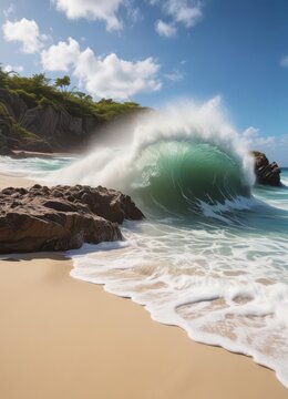 Big wave breaks on sandy beach of Boka Pistol bay, Shete Boka National Park, Curacao ,  beach,  sea,  tropical
