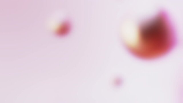 Seamless loop of animated 3D composition on blurred pink and white background. Moving shiny metallic gold sphere with small objects rotating. Copy space on the left. Premium soft lighting, 4K render.