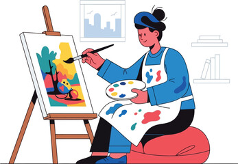 Fototapeta premium Young woman artist concentrates while painting a colorful abstract scene.