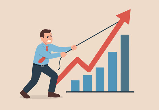  Increase sales or investment profit, growth or improvement, financial interest rate or crypto and stock market return concept, businessman pulling performance graph rising up with full effort