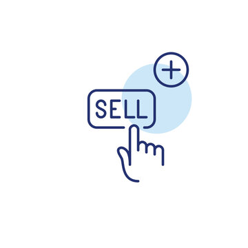 Finger clicking on sell button and plus symbol. Checkout entry, add to cart. Pixel perfect, editable stroke vector icon