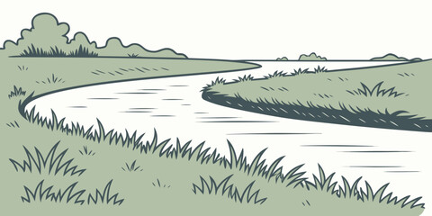 A serene landscape with a winding river and grassy banks Vector © Mithu