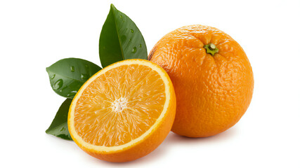 Fresh orange fruit with leaf cutout isolated on transparent background