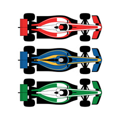 Naklejka premium Top view of three racing cars in different colors on white background