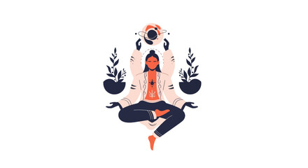 Obraz premium Person meditating with cosmic energy, plants, and spiritual symbols
