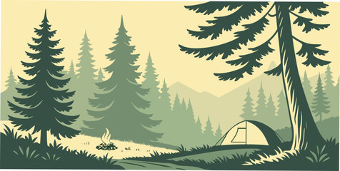 A serene forest landscape with a tent and trees Vector © Mithu