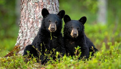 Obraz premium Two black bear cubs sitting near a tree, surrounded by greenery, looking directly at the viewer in a forest