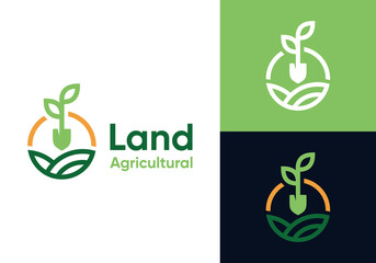 Farmland landscape vector logo design. Farm food badge logo design with tree planting graphic symbol design, with shovel for farming and planting plants vector icon. © zulfan