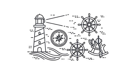 A nautical-themed illustration featuring a lighthouse, compass, ship wheels, and an octant, all rendered in black line art on a white background