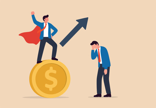 Social comparison anxiety, compare yourself to others, discourage of failure, loser or self motivation problem concept, sad depressed man stand on his hand compare himself with winning colleague