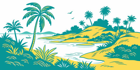 A tropical landscape with palm trees and a body of water Vector © Mithu