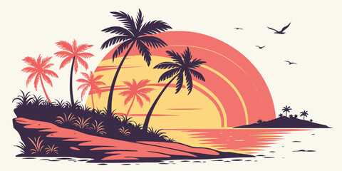 A tropical island with palm trees and a sunset Vector © Mithu