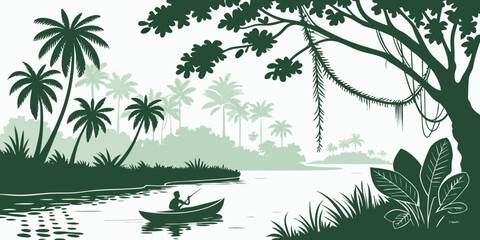 A serene jungle scene with a river and a boat Vector © Mithu