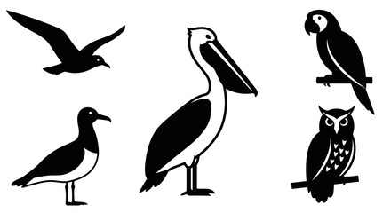 Naklejka premium Diverse Bird Silhouettes Collection: Seagull, Pelican, Parrot, and Owl Vector Icons