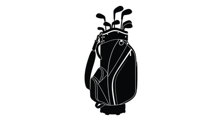 A black silhouette depicts a golf bag filled with various clubs standing upright on a white background silhouette © VoDesign02