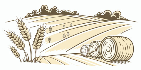 A drawing of a wheat field with a haystack and wheat Vector © Mithu