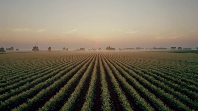 A wide-angle view of perfectly straight, plowed soil ridges extending toward a misty horizon. This cinematic landscape captures the quiet atmosphere of a rural farm at sunrise, ideal for themes of agr