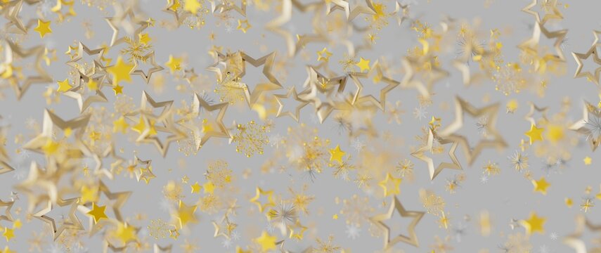 Festive abstract background of gold stars and snowflakes floating on a gray backdrop. Great for hol