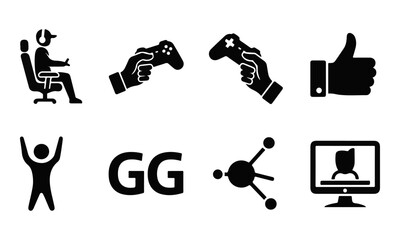 Gaming and Esports Black Vector Icon Set. Gamer, Streamer, Controller, GG Icons. © Divya