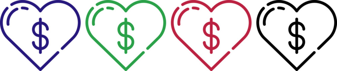Obraz premium Heart shapes with dollar signs inside, signifying financial love, investment, and monetary value