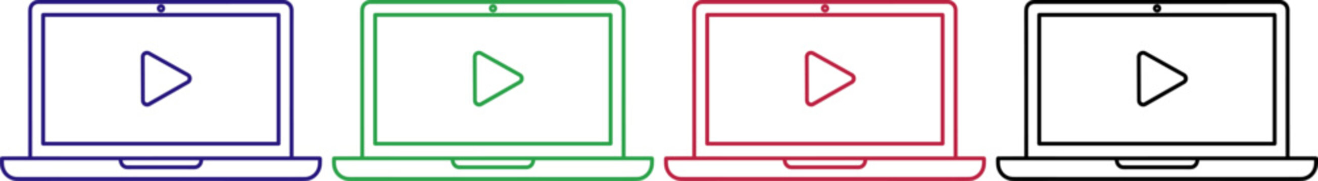 Laptop computers with play button in blue green red black for video online streaming media content