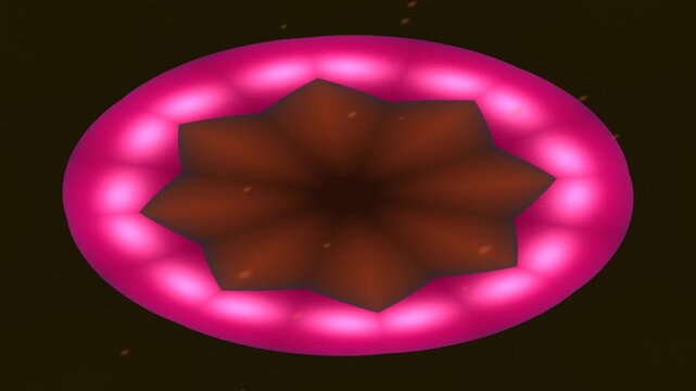 Abstract glowing pink and brown segmented oval shape with radial symmetry.