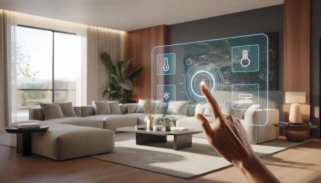 Person touching futuristic holographic smart home control panel in a modern luxury living room during daytime