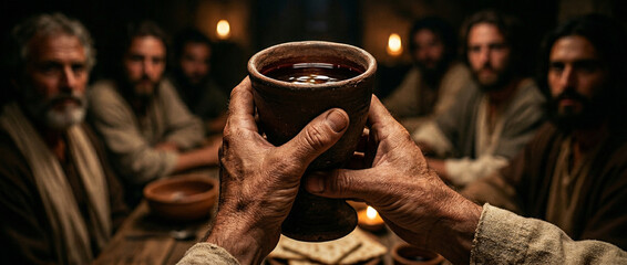 Biblijna scena Ostatniej Wieczerzy. Zbliżenie kielicha z winem trzymanego przez Jezusa w dłoniach. W tle apostołowie siedzący przy stole © Monika