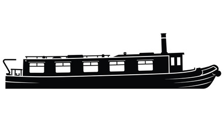A striking black silhouette of a classic narrowboat with detailed windows and a chimney showcasing elegant design silhouette © Tushar02