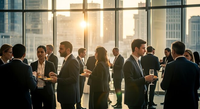 Professionals network and converse at an indoor gathering near large windows with a cityscape visible at sunset