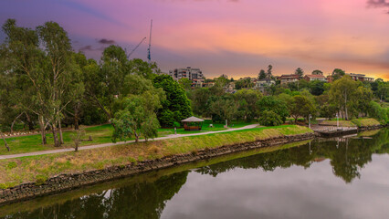 Panoramic Aerial Drone view of Inner Suburbs of Melbourne housing, roof tops, the streets and the parks, the roads and trees of Ascot Vale Moonee Ponds Brunswick Essendon and Maribyrnong in VIC Victor