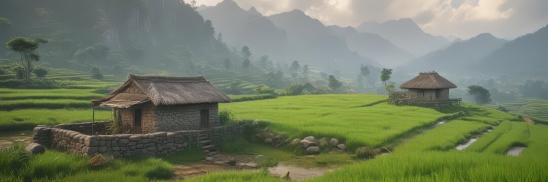 Ancient stone hut in rural rice field terraces with green landscape and misty mountains in the background,  rural landscape,  terrace rice field,  sapa city