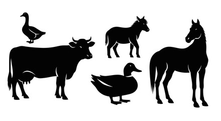 Obraz premium Farm Animals Silhouettes Set: Cow, Horses, Duck, and Goose