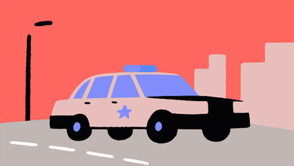 Stylized police patrol car in a vibrant minimalist urban setting at dusk, representing law enforcement and public safety on city streets © Manok Mas