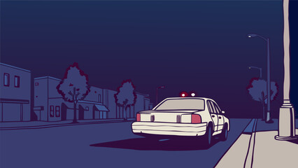 Dynamic Vector Art Illustration of a Police Cruiser on Night Patrol, Driving Through a Peaceful Urban Neighborhood Street Under Dim Streetlights © Manok Mas