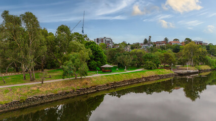 Obraz premium Panoramic Aerial Drone view of Inner Suburbs of Melbourne housing, roof tops, the streets and the parks, the roads and trees of Ascot Vale Moonee Ponds Brunswick Essendon and Maribyrnong in VIC Victor