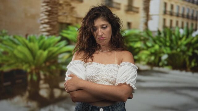 Woman with crossed arms, bare shoulders and pouting expression near a building; disappointment defiance.