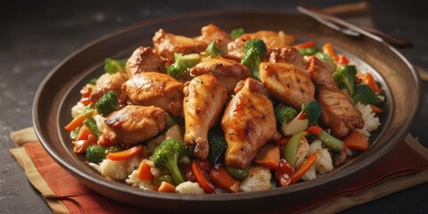 Fototapeta premium Aromatic stir-fried chicken with vegetables and savory sauce served hot , aromatics, , hot dish